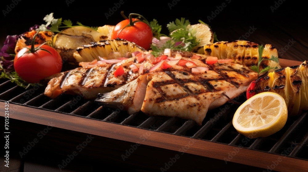  a close up of a grill with meat and veggies on top of it and a slice of lemon on the side.