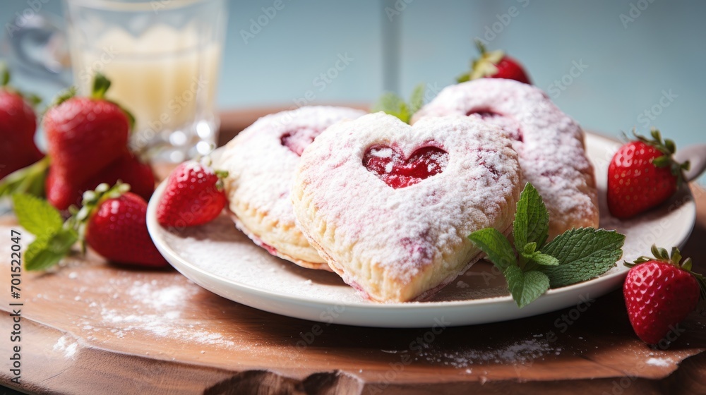 two heart shaped strawberry shortbreads on a plate with strawberries and a glass of milk on the side. two heart shaped strawberry shortbreads on a plate with strawberries and a glass of milk on the side.