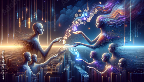 Ethereal figures exchanging streams of glowing digital currency in a surreal peer-to-peer lending scene.