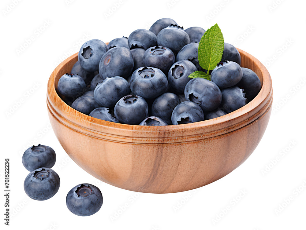 Blueberries in a wooden bowl isolated on white, transparent background Blueberries in a wooden bowl isolated on white, transparent background