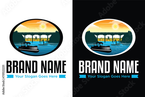 Stand up paddling board river bridge boat jumping man illustration logo design