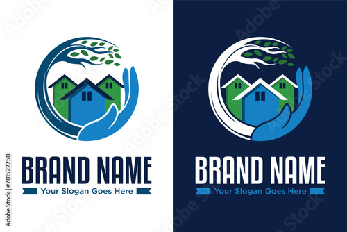modern home house tree wite hand care illustration vector logo design