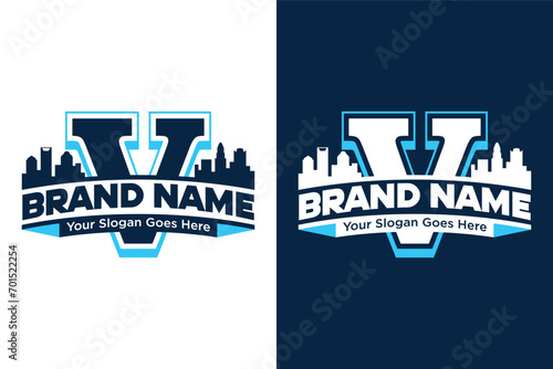 Letter V with city landscape background illustration logo design