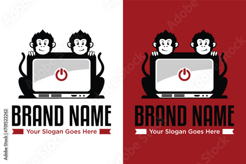 two monkeys with laptop computer illustration vector logo design