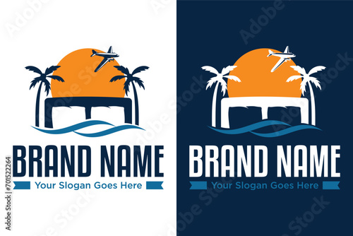 simple modern Bed with beach palm sea sun plane illustration logo design
