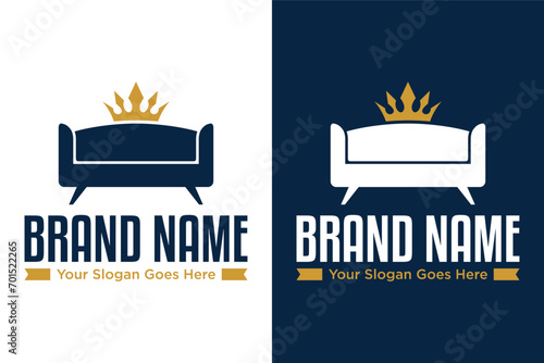 furniture sofa chair, seat, couch with golden crown illustration vector logo design