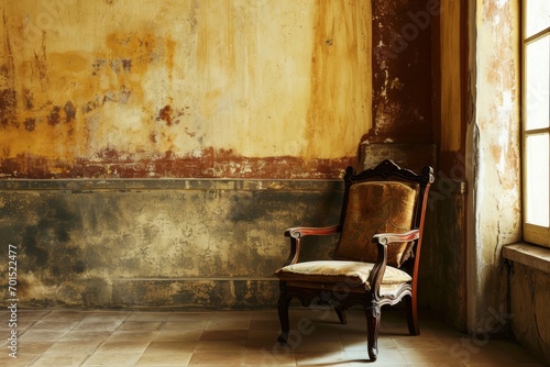 Antique chair by a window in a room with yellowed walls and a tiled floor.
