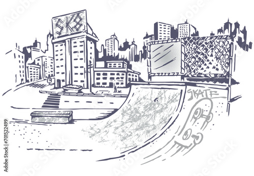 Vector illustration in cartoon style with stripped and irregular strokes of urban landscape with skateboard ramp. photo
