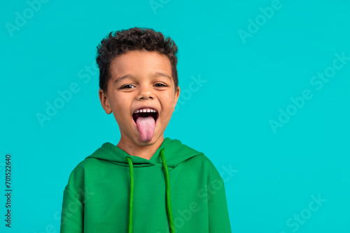 Photo of good mood positive funky schoolboy with wavy hair dressed green pullover stick out tongue isolated on teal color background photo