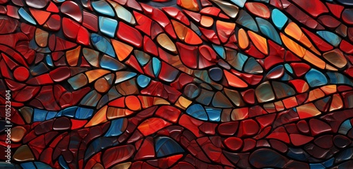 An elaborate 3D abstract mosaic bursting with vibrant colors and intricate designs against a backdrop of ruby red. © Muhammad