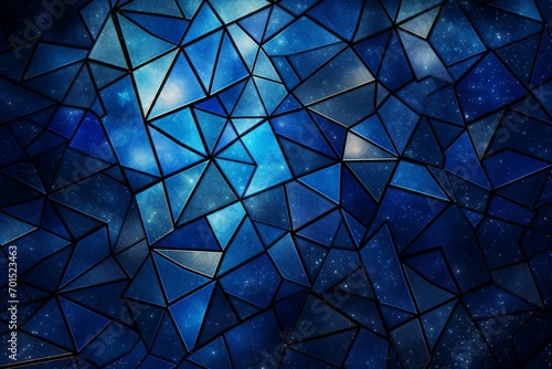 An elaborate array of geometric tessellations in a spectrum of cobalt and silver, creating an enchanting pattern against a background resembling a moonlit night.