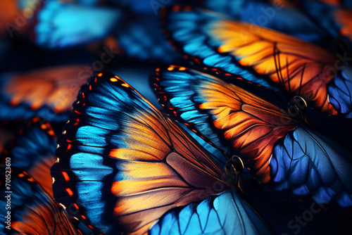 Close-up of vibrant blue and orange monarch butterfly wings with a soft-focus background. © ardanz