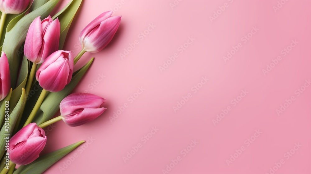 Pink tulip blooms with copy space on the side of a pastel on lite pink background