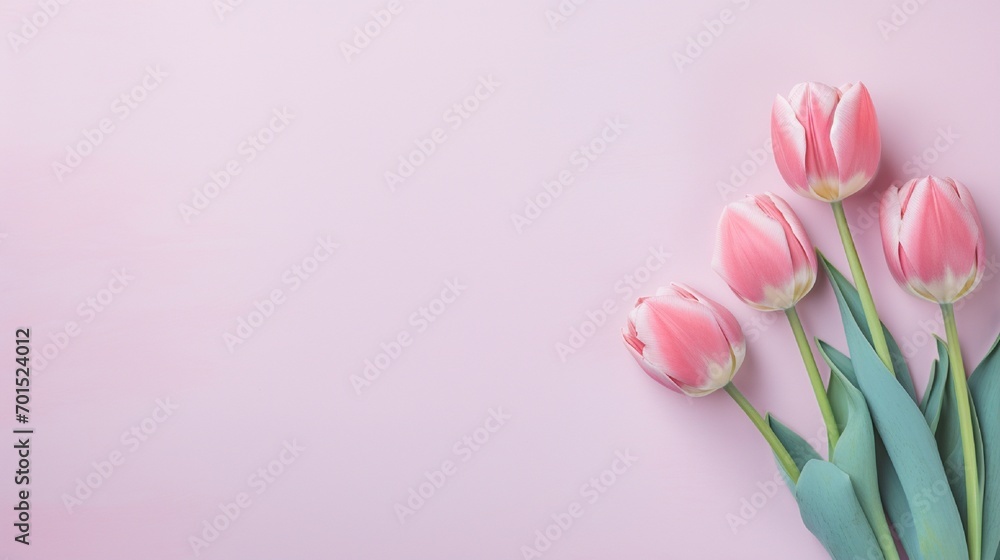 Pink tulip blooms with copy space on the side of a pastel on lite  background