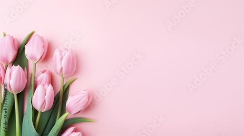 Pink tulip blooms with copy space on the side of a pastel on lite pink background © rai stone