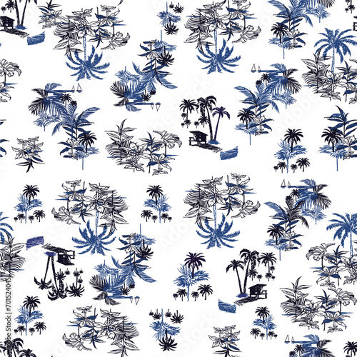 Vector illustration of vector pattern with tropical and beach elements. Art in simple, uncluttered lines. Editable design for printing on fabrics, wallpaper and other uses.