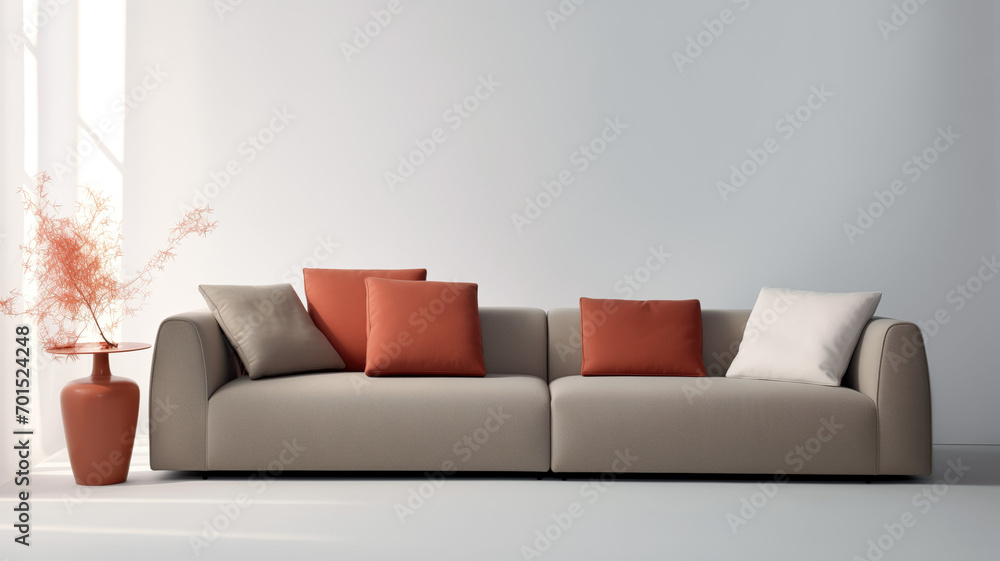 Fototapeta premium Design of a soft beige and brown sofa with yellow, red and gray pillows in a bright room. Interior element, furniture production and sale. Catalog with furniture for the site.