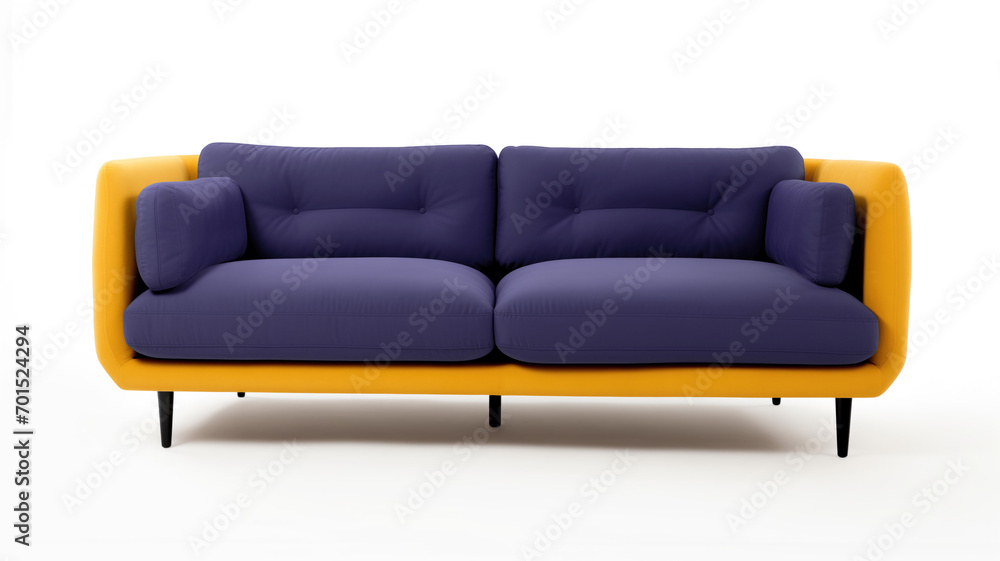 Design of a soft purple and lilac sofa with dark pillows on a white background. Interior element, furniture production and sale. Catalog with furniture for the site. Design of a soft purple and lilac sofa with dark pillows on a white background. Interior element, furniture production and sale. Catalog with furniture for the site.