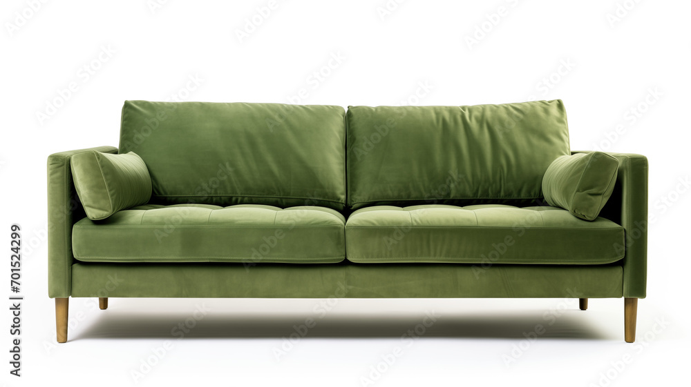 Design of a soft sofa with pillows on a white background. Upholstery green. Interior element, furniture production and sale. Catalog with furniture on the website. Design of a soft sofa with pillows on a white background. Upholstery green. Interior element, furniture production and sale. Catalog with furniture on the website.