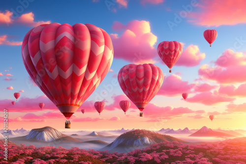 Heart-shaped hot air balloons floating against a vibrant sunset sky, creating a romantic atmosphere for Valentine's Day celebrations. Generative Ai.