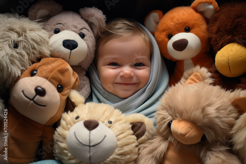 Babies wrapped in cozy, animal-themed blankets, snuggling with their favorite stuffed animals and bringing warmth to the room. Generative Ai.