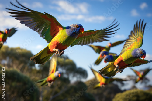 A flock of colorful lorikeets in flight, symbolizing the richness of Australia's bird species. Generative Ai. © Sebastian