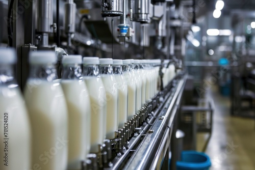 Bottles of milk on a factory conveyor line, Robotic factory line for processing and bottling milk. Milk factory. photo