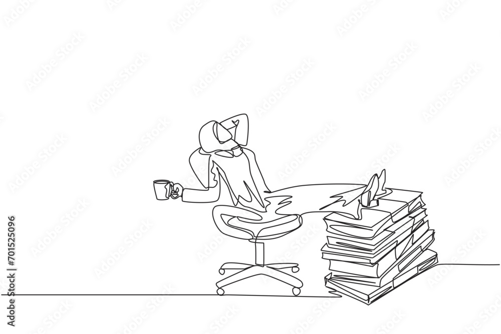 Single one line drawing Arab businesswoman sitting relaxed in work chair. Foot resting on stacks of banknotes. Enjoy the glory of doing business. Marvelous. Continuous line design graphic illustration Single one line drawing Arab businesswoman sitting relaxed in work chair. Foot resting on stacks of banknotes. Enjoy the glory of doing business. Marvelous. Continuous line design graphic illustration