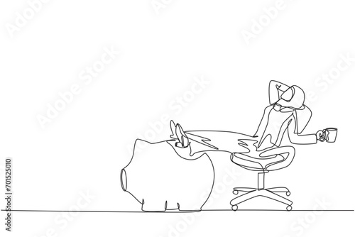 Single one line drawing young Arabian businesswoman sitting relaxed in work chair holding mug. Foot resting on piggy bank. Just got a profitable investment. Continuous line design graphic illustration