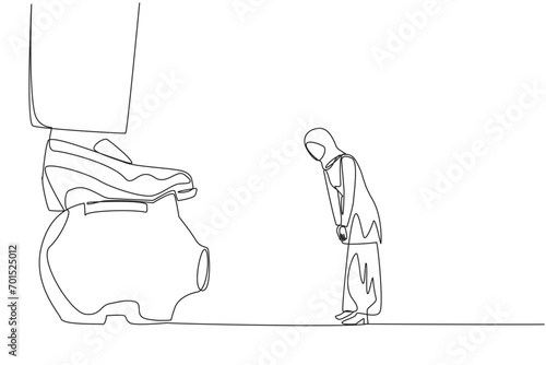 Continuous one line drawing Arab businesswoman nodded in front of giant foot that stepped on piggy bank. Request to release assets as additional capital. Single line draw design vector illustration