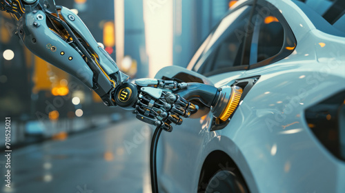 close-up of a robot's hand holding a charger for an electric car, charging it.  photo