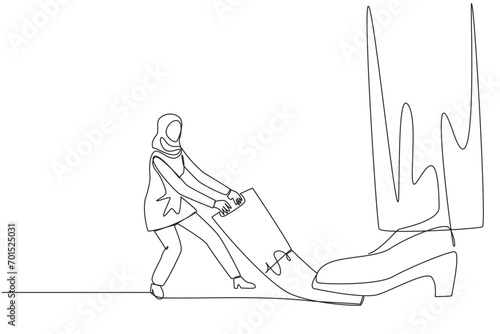 Single continuous line drawing Arab businesswoman pulling banknotes that were stepped on by the giant feet. Extra struggle to withdraw the money that due payment. One line design vector illustration