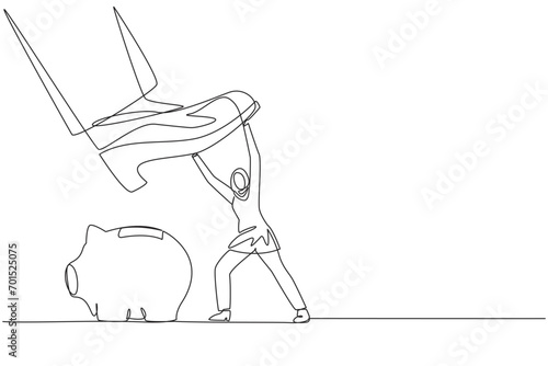 Continuous one line drawing Arab businesswoman holds back giant foot wants to step on piggy bank. Arbitrarily. Sovereigns wants to take investment value. Single line draw design vector illustration