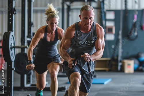 A couple  undergo a crossfit workout demonstrating 