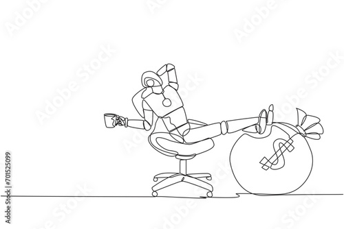 Single one line drawing smart robot sitting on a office chair holding a mug. Foot resting on money bag. Profit multiplier robot. Future technology concept. Continuous line design graphic illustration