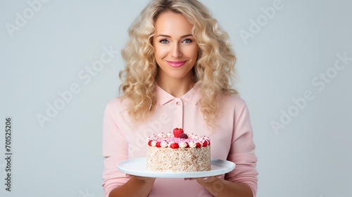 A picture of a woman holding a cake in hands isolated on white background