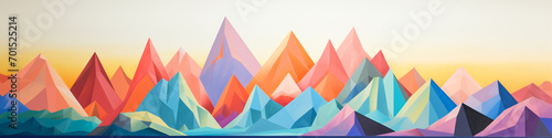 Colorful shapes arranged to depict a serene mountain landscape.