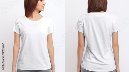 A front and back view of girl wearing a t shirt on white background a design mock up photo