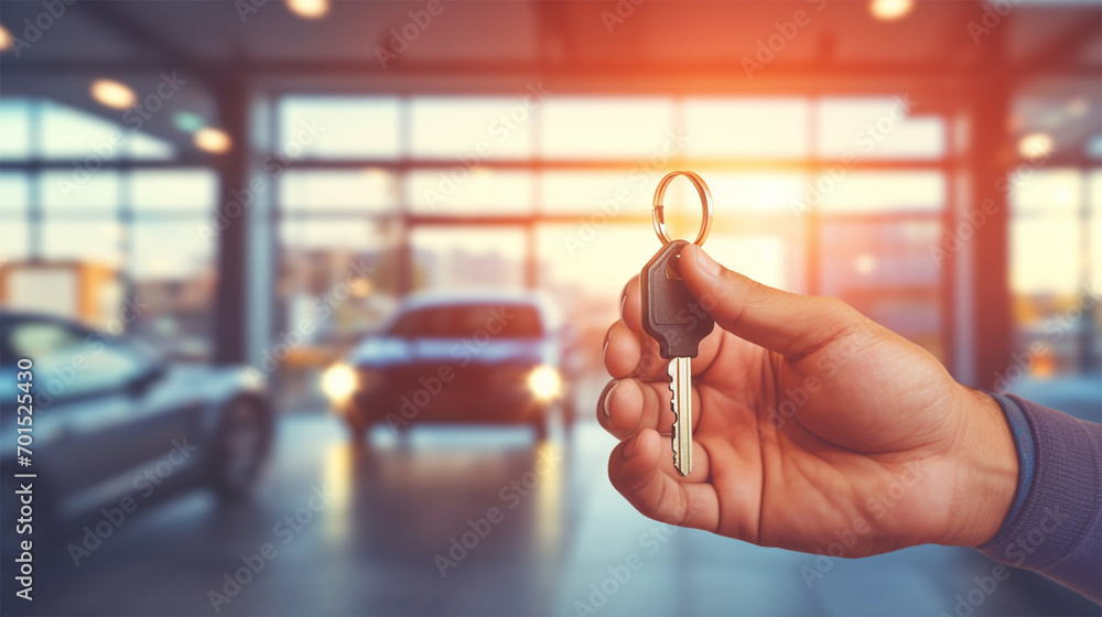 A man's hand holds the key to a new car on a blurred background at a car showroom