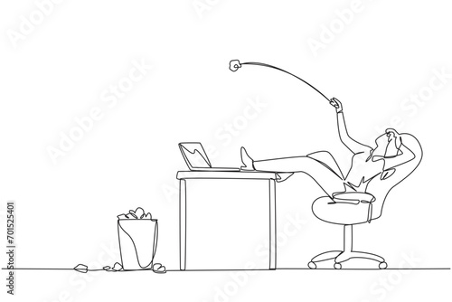 Continuous one line drawing businesswoman sitting in chair throwing wads of paper into trash. Spending time on useless things. Not taking advantage of time. Single line draw design vector illustration