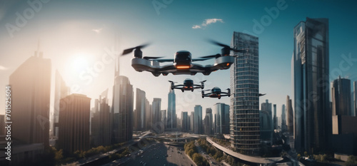 concept of a flying car in the city among skyscrapers, air transport links
