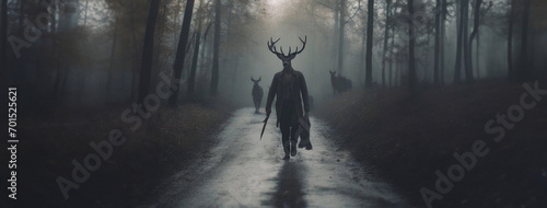 zombie apocalypse concept zombie virus near deer in the forest,  CWD — сhronic wasting disease