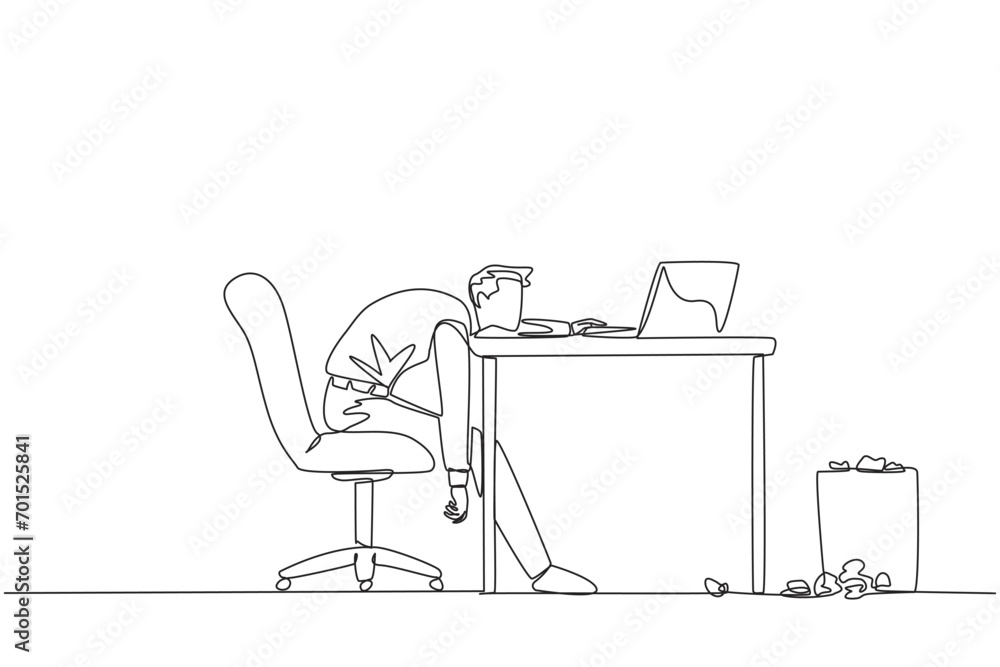 Fototapeta premium Single continuous line drawing businessman sitting in work chair looking tired. Want to work on business reports on a laptop. Very tired. Loss of focus and passion. One line design vector illustration