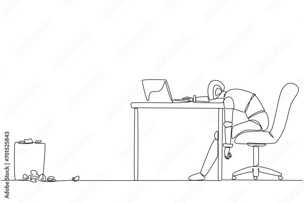 Single continuous line drawing robot sitting in a work chair looking ...
