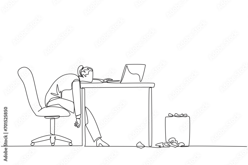 Continuous one line drawing businesswoman sitting in a work chair looking tired. Too tired. Force work. Many deadline reports are wrong. Mentally tired. Single line draw design vector illustration Continuous one line drawing businesswoman sitting in a work chair looking tired. Too tired. Force work. Many deadline reports are wrong. Mentally tired. Single line draw design vector illustration