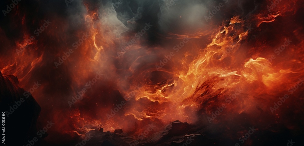 A dramatic portrayal of intense flames dancing amidst dense smoke, captured to evoke emotion within a cinematic  canvas.