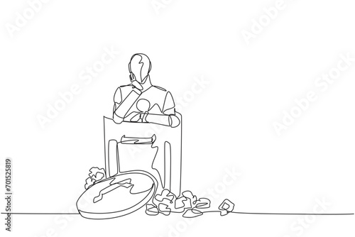 Single one line drawing robot is in the trash. Artificial intelligence is not yet efficient. Unable to detect the danger of fraudulent financial statements. Continuous line design graphic illustration