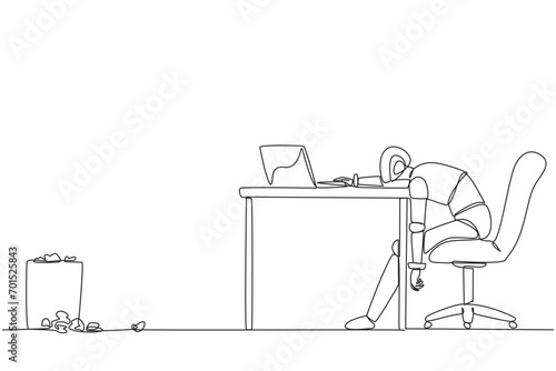 Single continuous line drawing robot sitting in a work chair looking tired. Want to program on laptop but not enthusiastic. Future artificial intelligence concept. One line design vector illustration