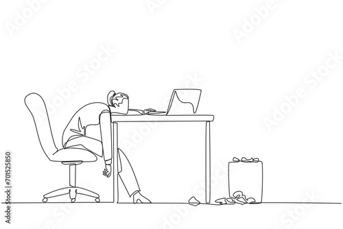 Continuous one line drawing businesswoman sitting in a work chair looking tired. Too tired. Force work. Many deadline reports are wrong. Mentally tired. Single line draw design vector illustration