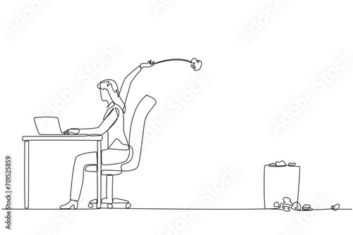 Single one line drawing businesswoman typing at a work desk throwing wads of paper into the trash. Failed to make monthly reports. Not focused. Disturbance. Continuous line design graphic illustration